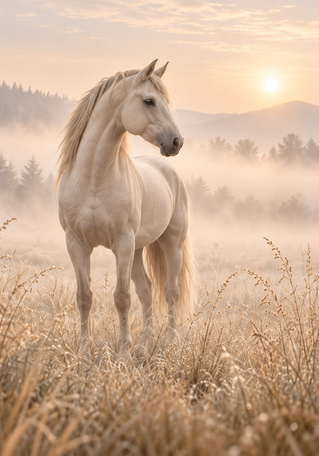 Weißes Pferd im Morgennebel – Leinwandbild in Beige & Creme
