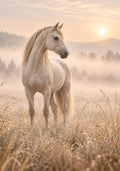 Weißes Pferd im Morgennebel – Leinwandbild in Beige & Creme