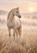 Weißes Pferd im Morgennebel – Leinwandbild in Beige & Creme