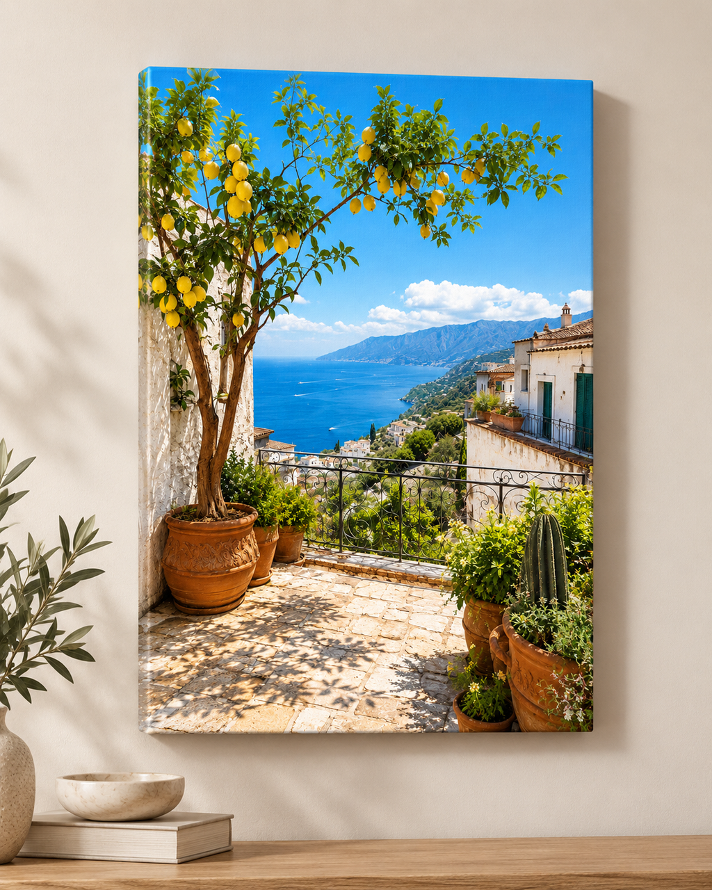 Zitronenbaum mit Meerblick – Leinwand auf neutralem Hintergrund