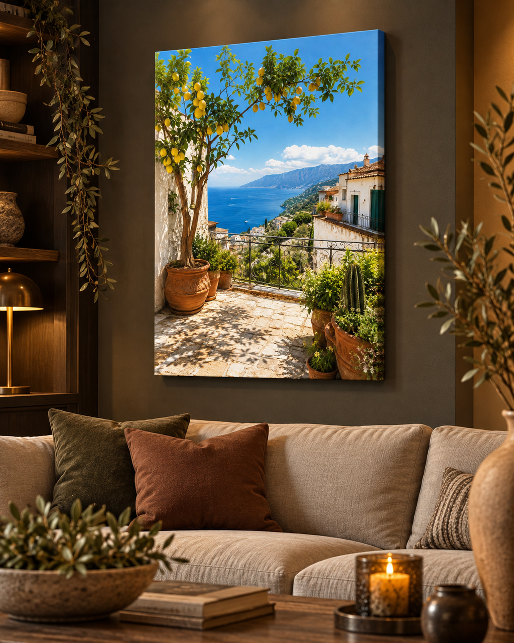 Zitronenbaum mit Meerblick – Leinwand in einem warm beleuchteten Wohnzimmer