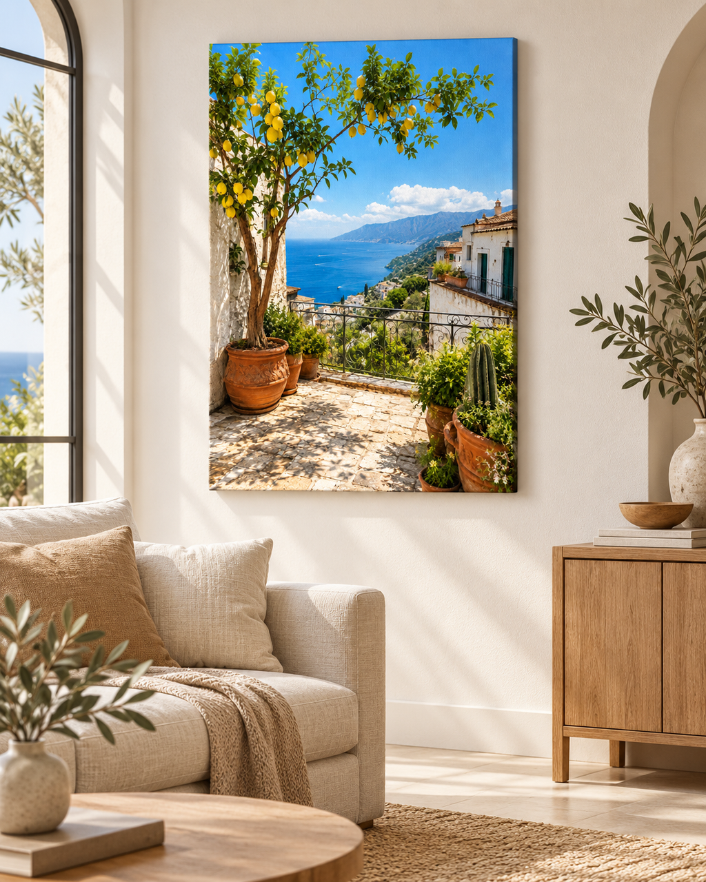 Zitronenbaum mit Meerblick – Leinwand im hellen Wohnzimmer