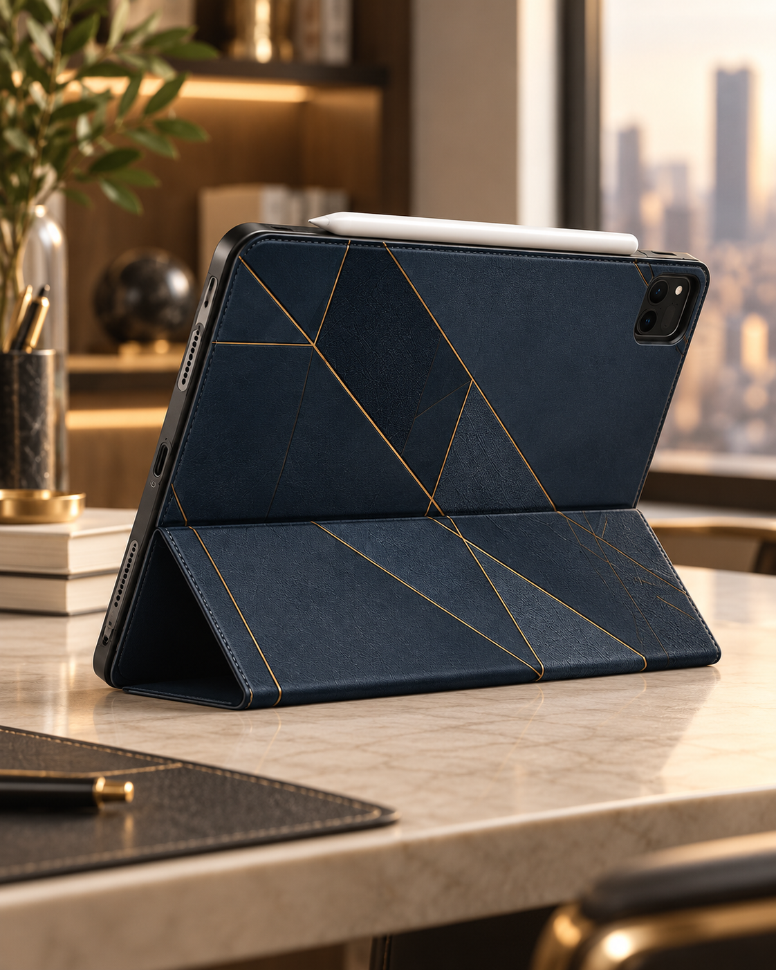 Navy Geometric iPad Hülle – Aufsteller im Querformat