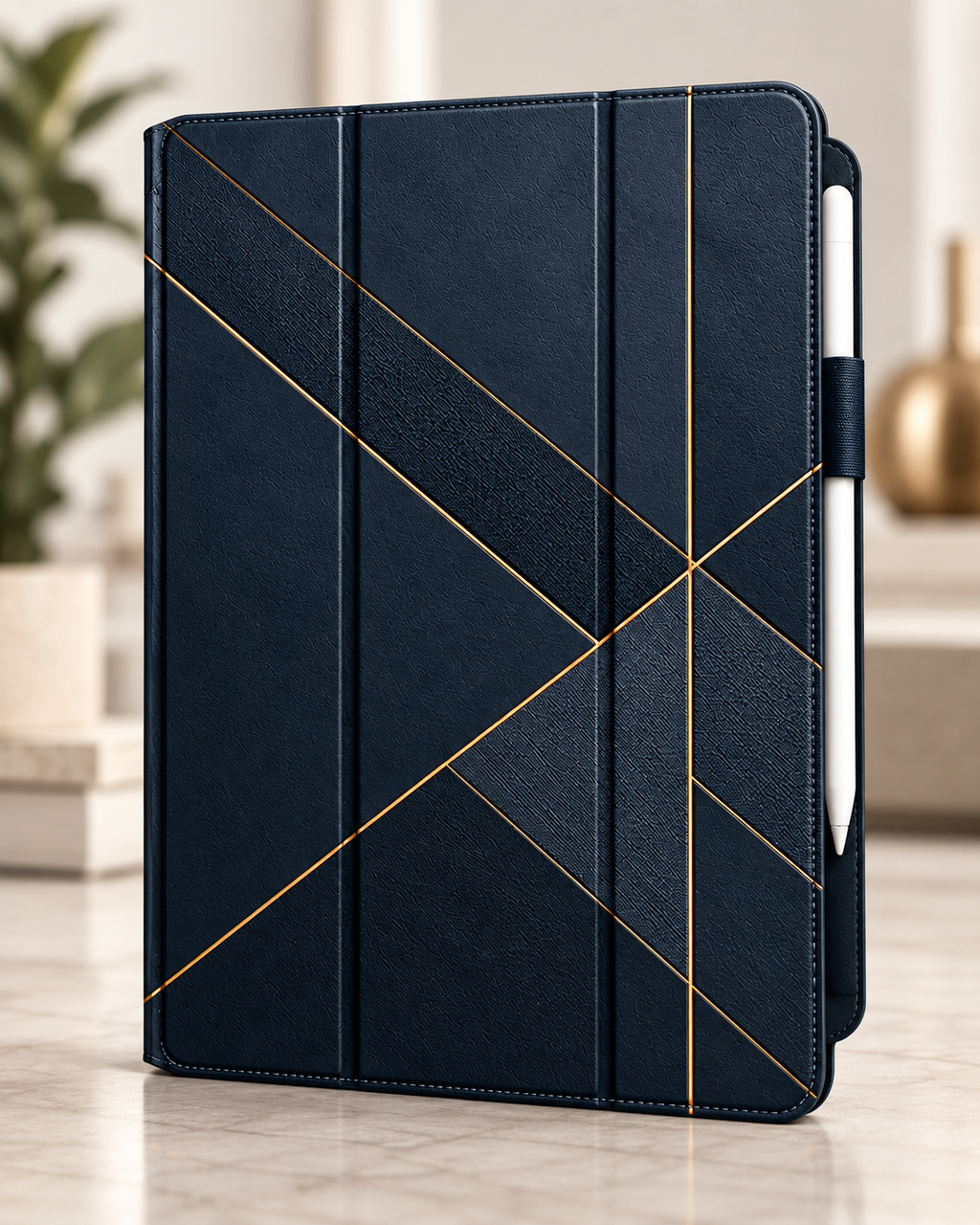 Navy Geometric iPad Hülle – Frontansicht mit Stifthalter