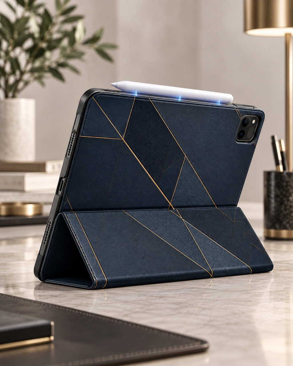 Navy Geometric iPad Hülle – magnetisches Laden kompatibler Stifte