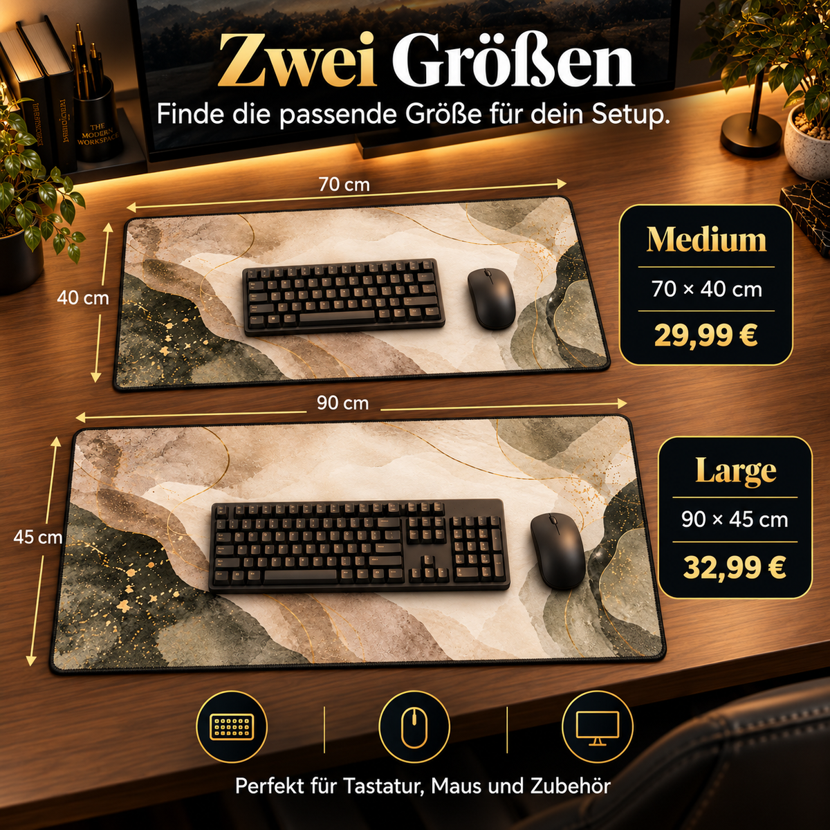 Neutral Japandi Schreibtischunterlage Größen 70x40 und 90x45