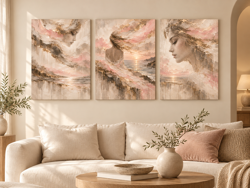 Stille Momente 3er-Set als Wandkunst im hellen Wohnzimmer