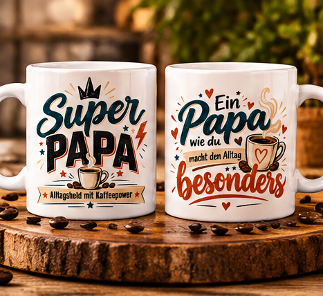 Super Papa Tasse – Vorderseite und Rückseite im Premium-Mockup