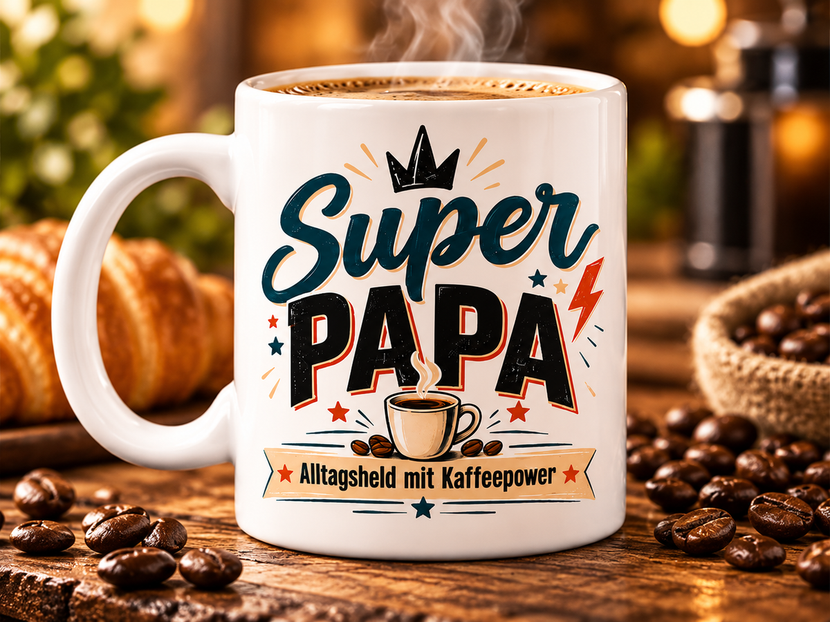 Super Papa Kaffeetasse im Frühstücksambiente