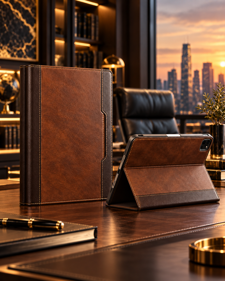 Walnut Executive iPad Hülle | Premium Braun Lederoptik mit Stifthalter & Standfunktion